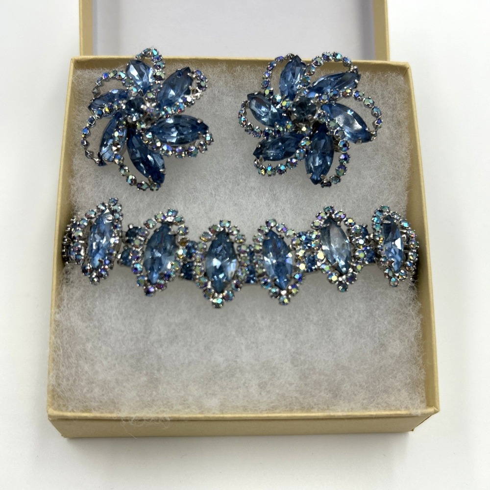 Vintage Weiss Blue Rhinestone Bracelet & Earrings Set Silver Tone Signed